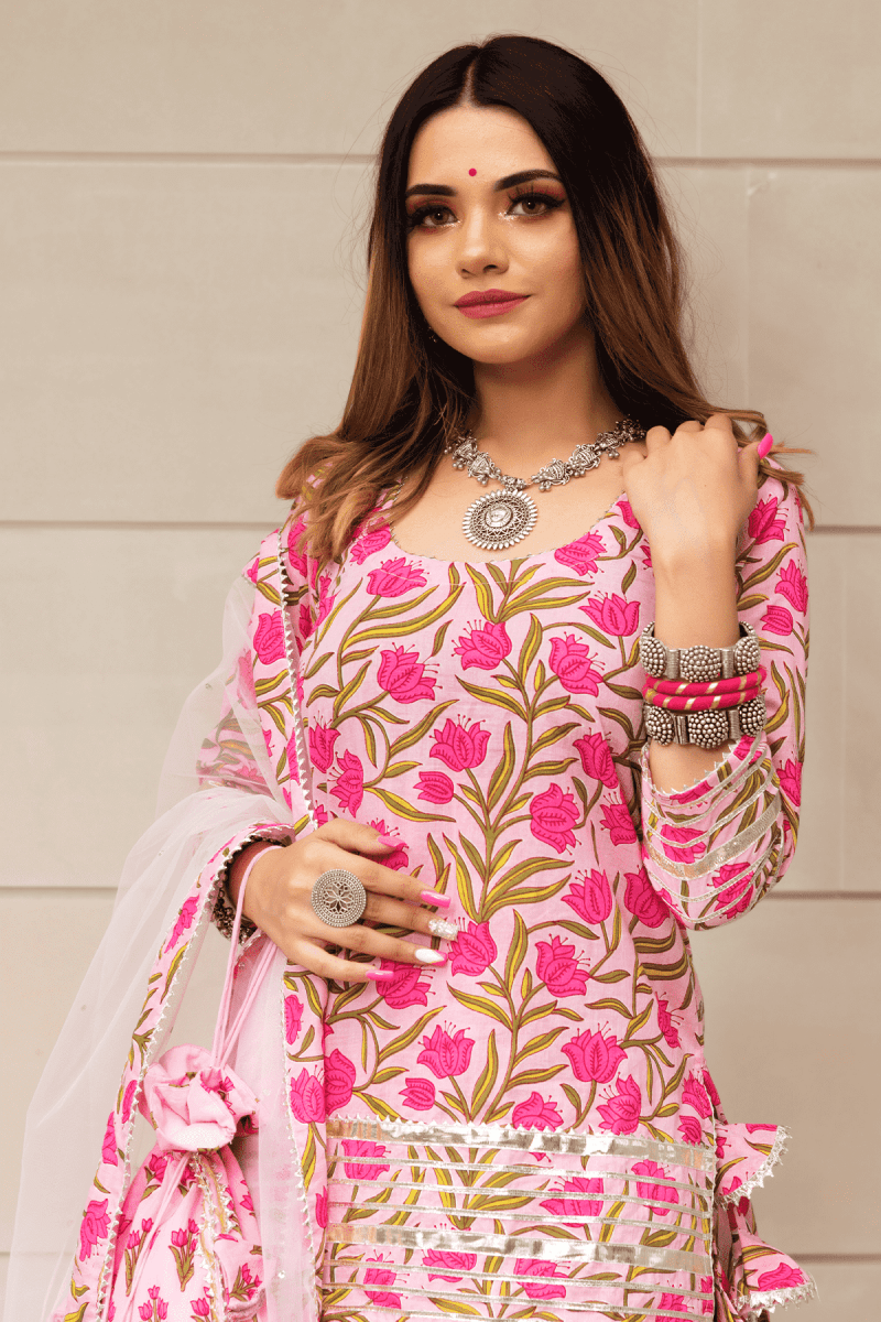 TULSI PINK COTTON HAND BLOCK SKIRT SET WITH SOFT NET DUPATTA - Pomcha Jaipur