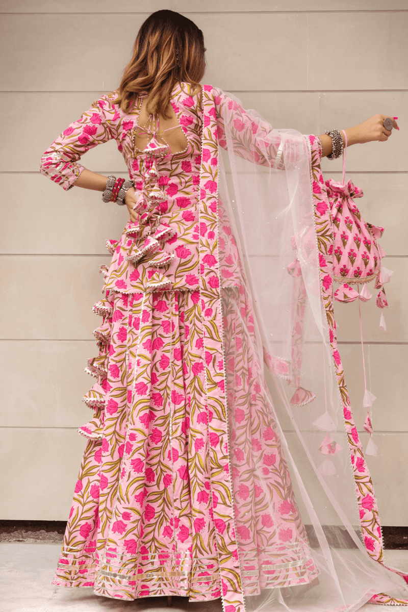 TULSI PINK COTTON HAND BLOCK SKIRT SET WITH SOFT NET DUPATTA - Pomcha Jaipur
