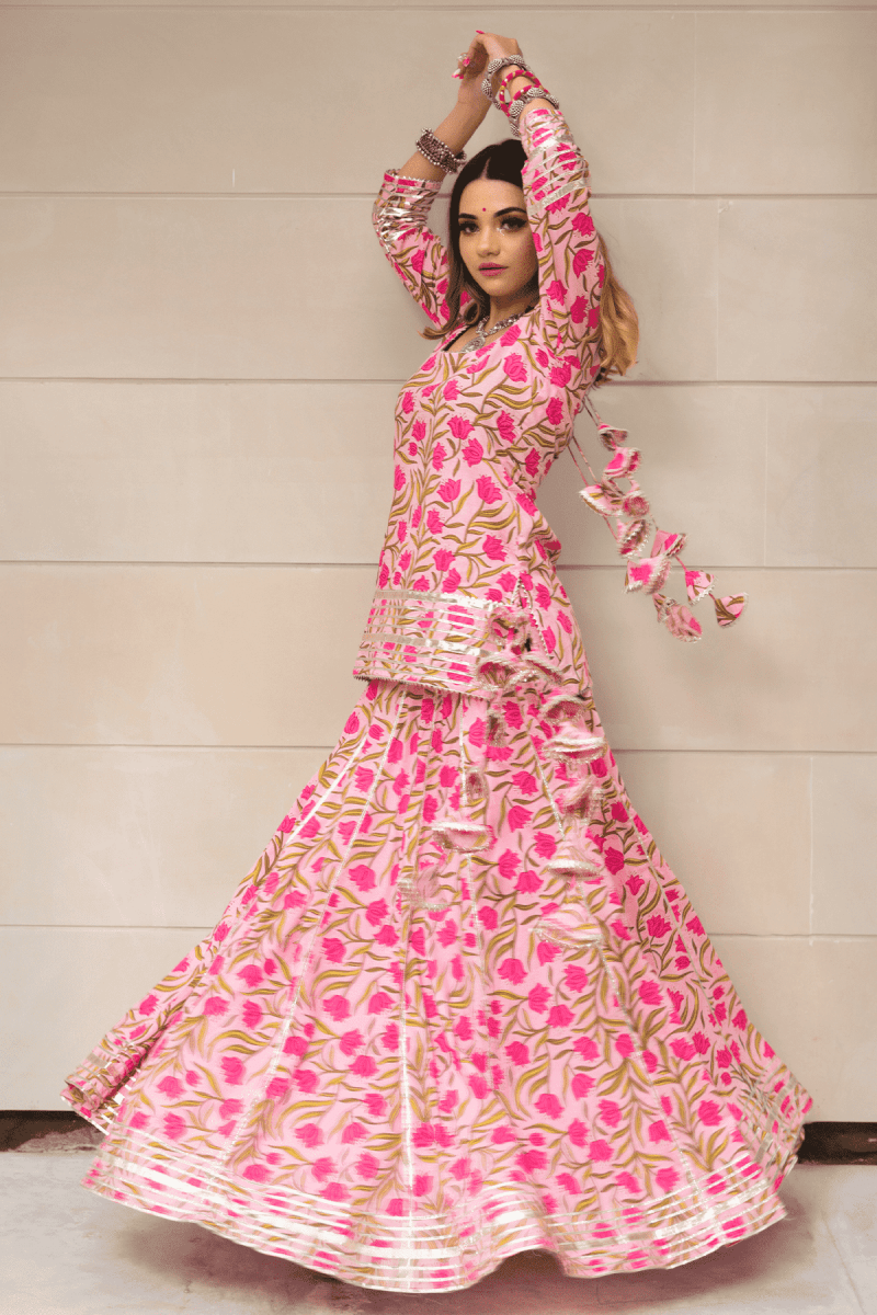 TULSI PINK COTTON HAND BLOCK SKIRT SET WITH SOFT NET DUPATTA - Pomcha Jaipur