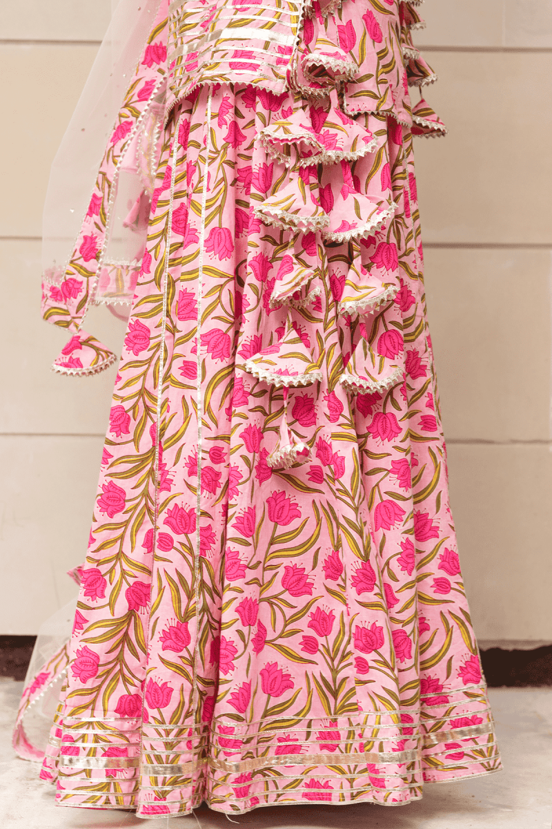 TULSI PINK COTTON HAND BLOCK SKIRT SET WITH SOFT NET DUPATTA - Pomcha Jaipur