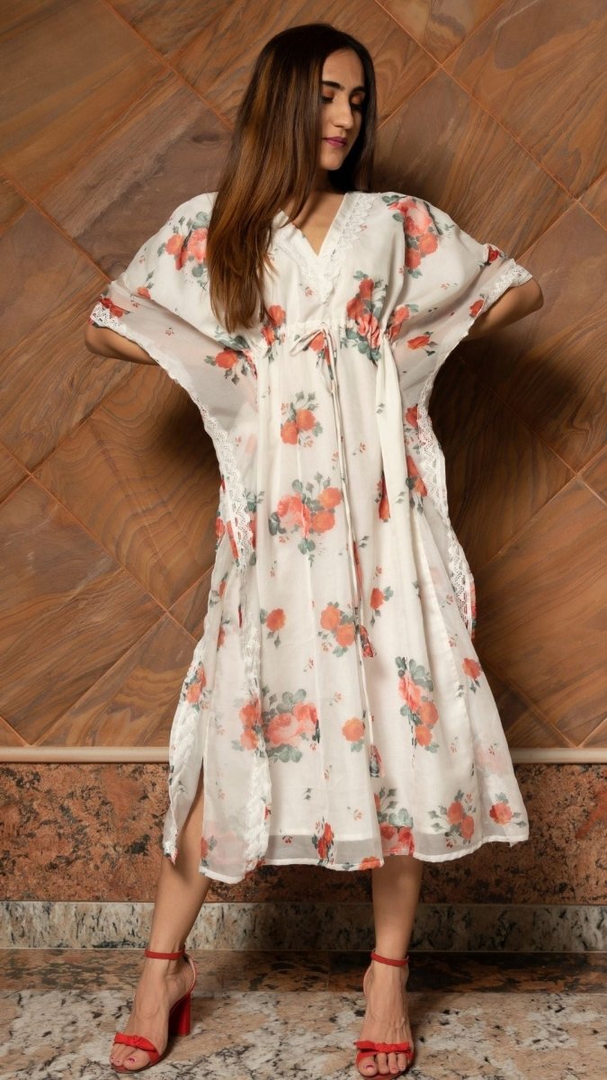 WHITE AND RED ORGANZA KAFTAN DRESS - Pomcha Jaipur