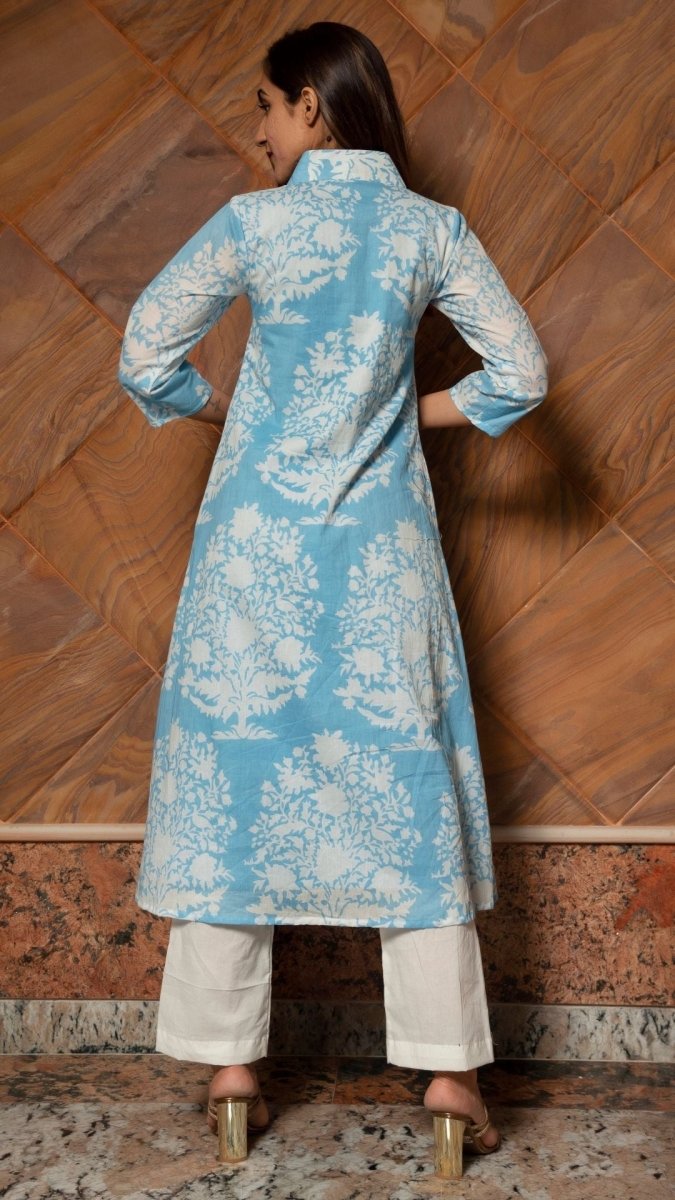 WHITE PHOOL PURE COTTON ANARKALI PANT SET - Pomcha Jaipur