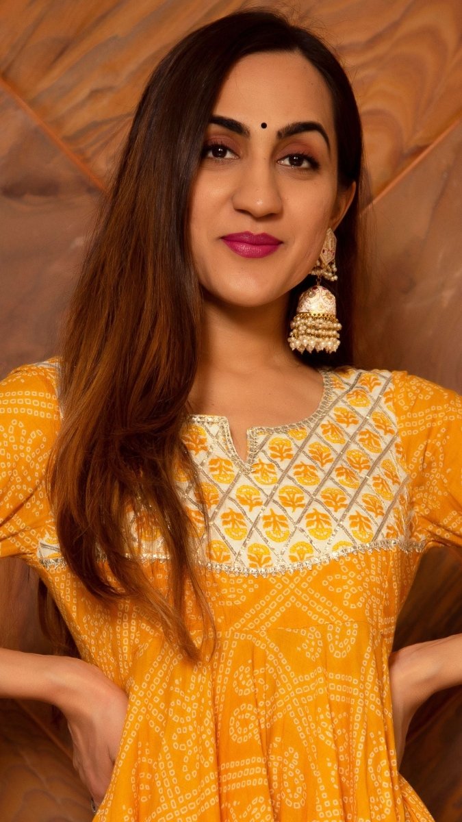 YELLOW LEAF HAND BLOCK PRINT COTTON ANARKALI PLAZO SET WITH ORGANZA DUPATTA - Pomcha Jaipur