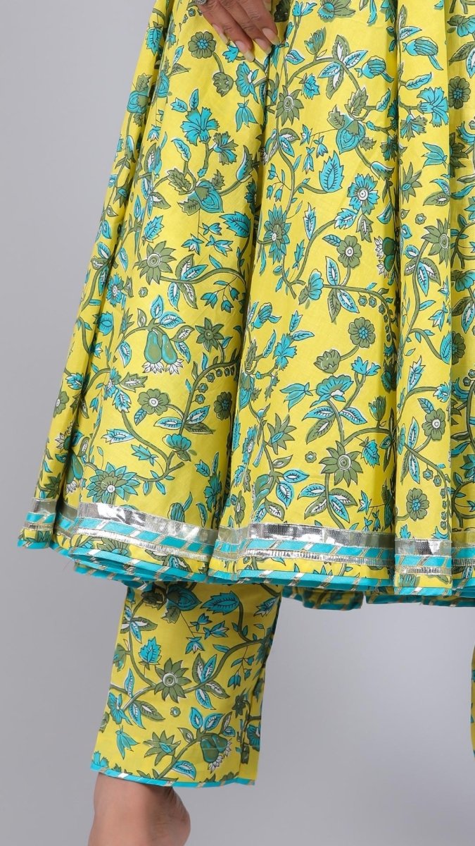 YELLOW PAISELY JAAL COTTON ANGRAKHA SET - Pomcha Jaipur