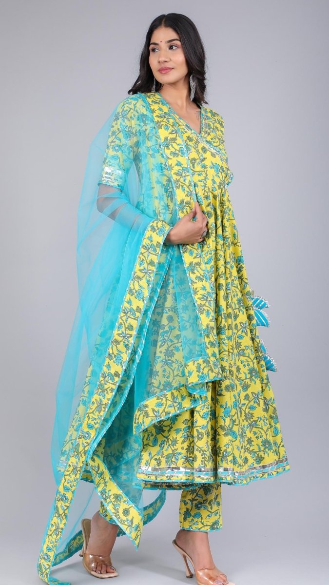 YELLOW PAISELY JAAL COTTON ANGRAKHA SET - Pomcha Jaipur