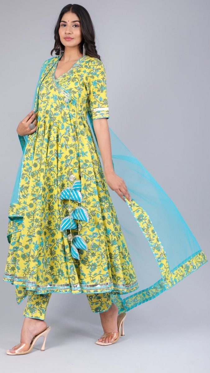 YELLOW PAISELY JAAL COTTON ANGRAKHA SET - Pomcha Jaipur