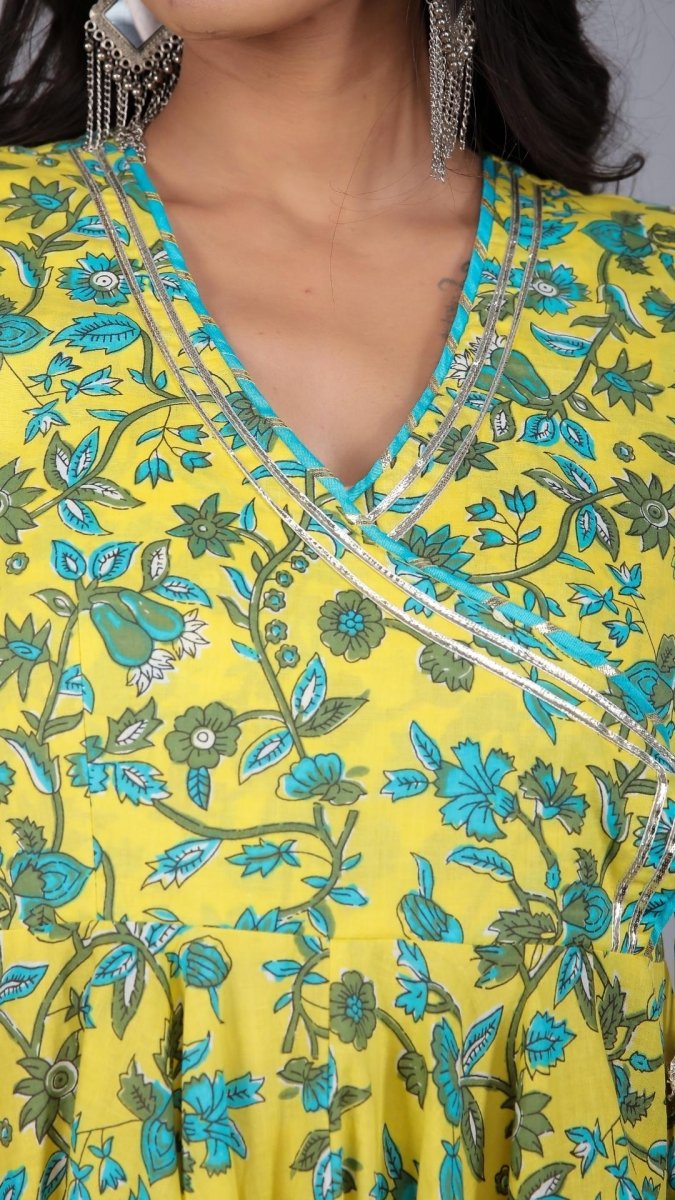 YELLOW PAISELY JAAL COTTON ANGRAKHA SET - Pomcha Jaipur