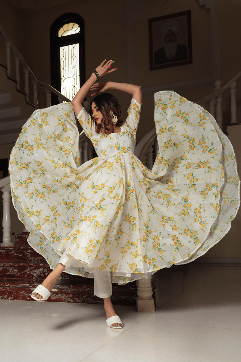 YELLOW PHOOL ORGANZA ANARKALI SET WITH ORGANZA DUPATTA - Pomcha Jaipur