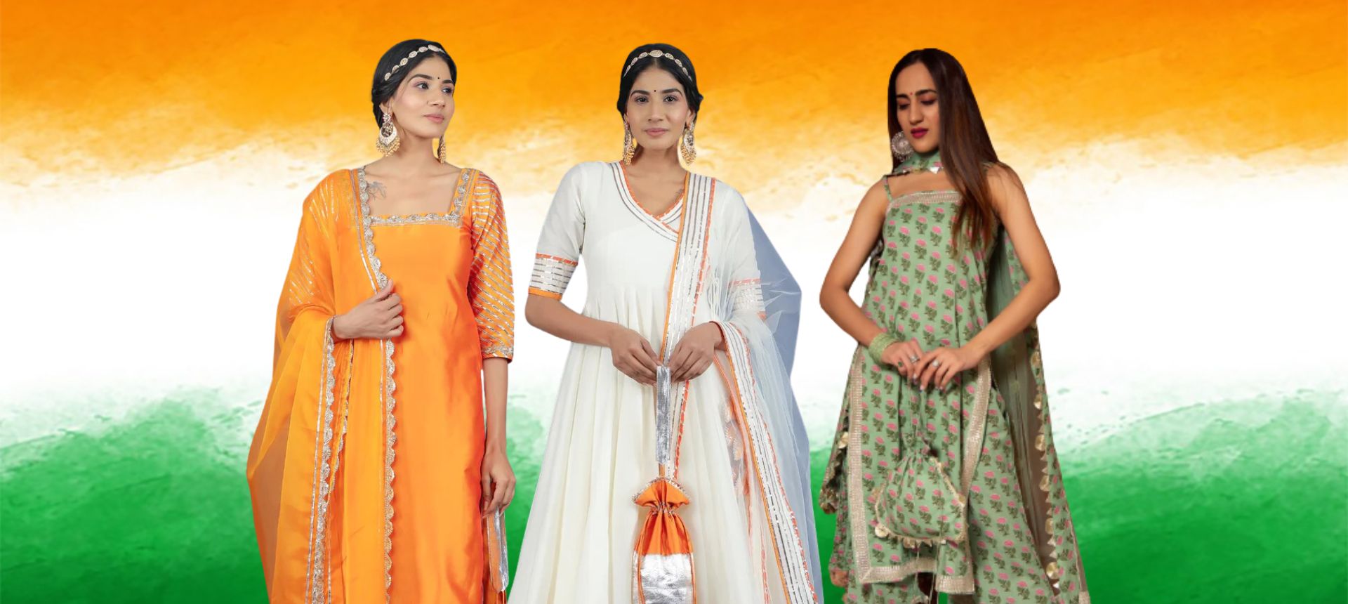 Three models with tricolor background