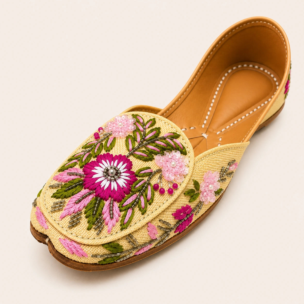 PASTEL YELLOW FLORAL RESHAM & BEAD EMBROIDERED JUTTI FOR WOMEN