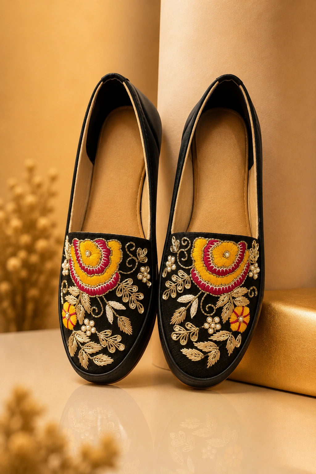 BLACK FLORAL RESHAM & PEARL EMBROIDERED SLIP-ON SHOES FOR WOMEN