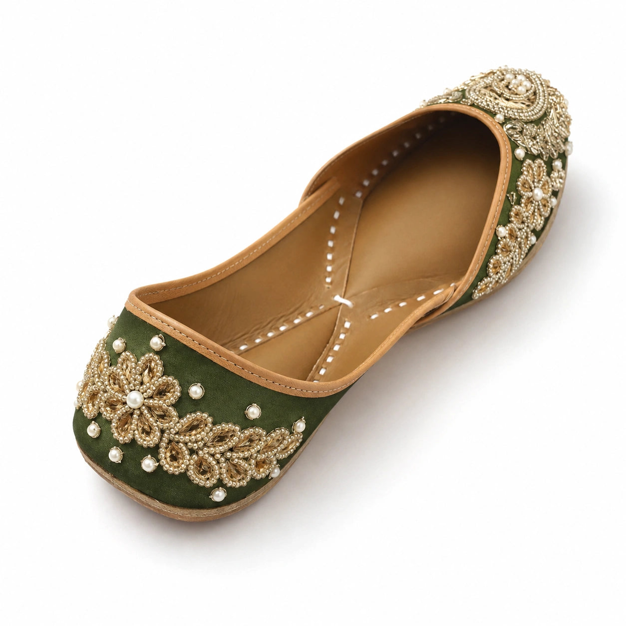 BOTTLE GREEN EMBROIDERED & BEADED JUTTI FOR WOMEN
