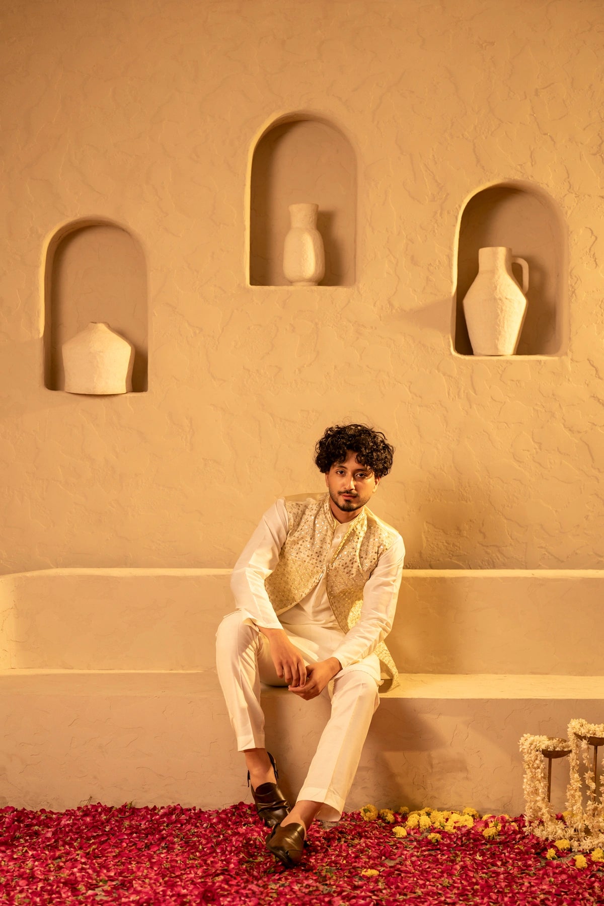 MEN'S LUXE SHEESH MAHAL KURTA SET WITH HAND WORK NEHRU JACKET