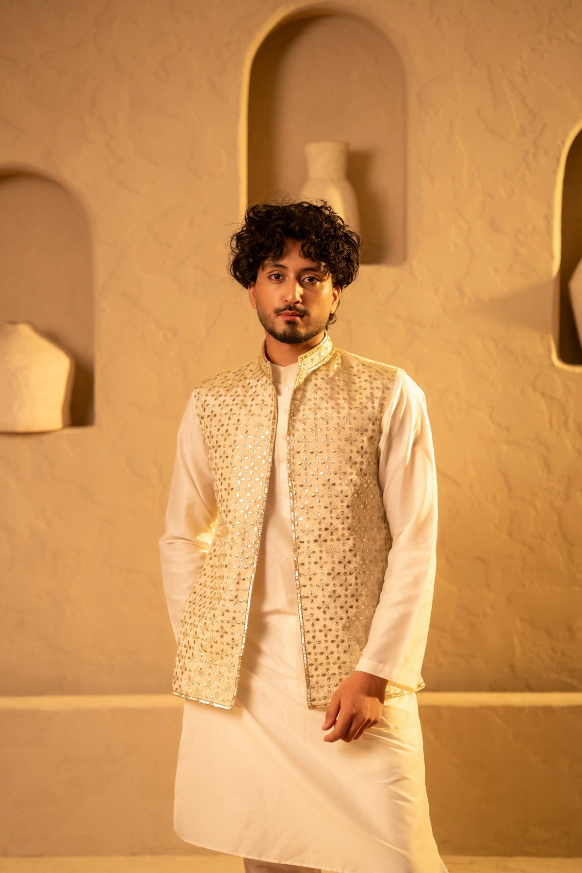 MEN'S LUXE SHEESH MAHAL KURTA SET WITH HAND WORK NEHRU JACKET