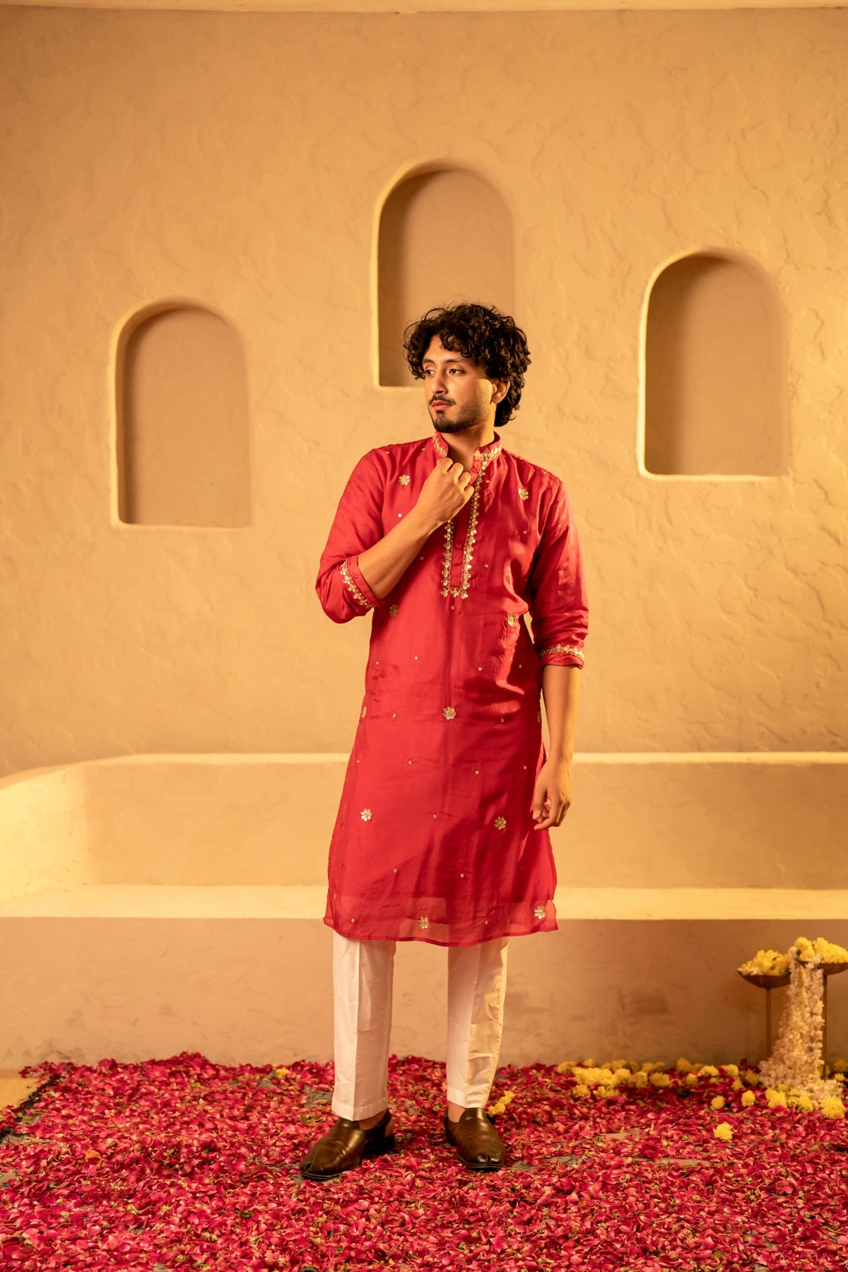 MEN'S LUXE LAAL SILK GOTA TAARI HANDWORK KURTA SET