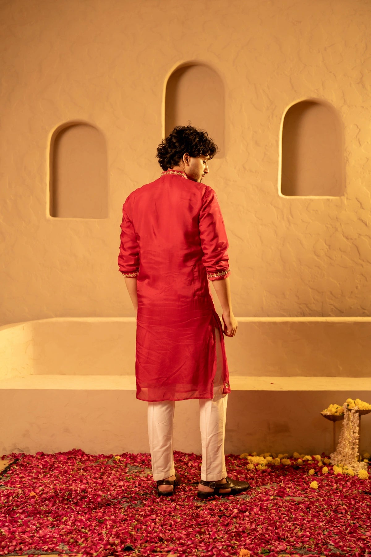 MEN'S LUXE LAAL SILK GOTA TAARI HANDWORK KURTA SET