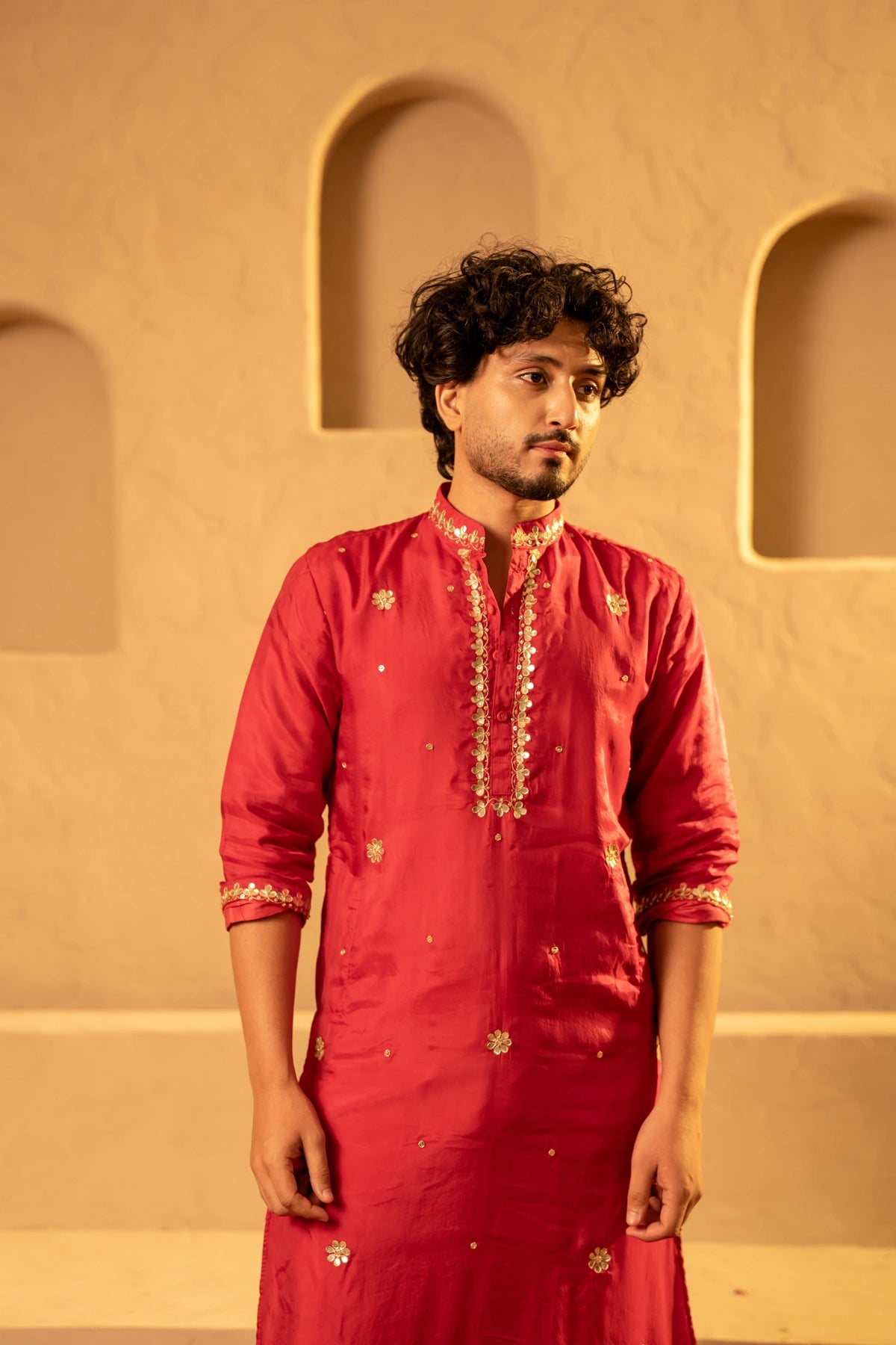 MEN'S LUXE LAAL SILK GOTA TAARI HANDWORK KURTA SET