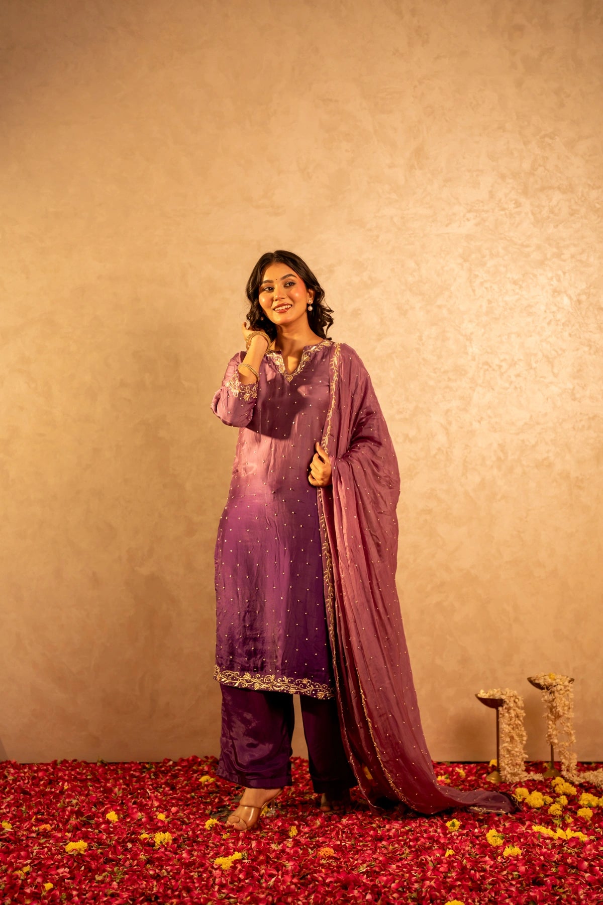 GOTTA BAZAR TWO TONE JAMUNI SILK ZARDOZI HANDWORK STRAIGHT SUIT SET WITH SILK DUPATTA
