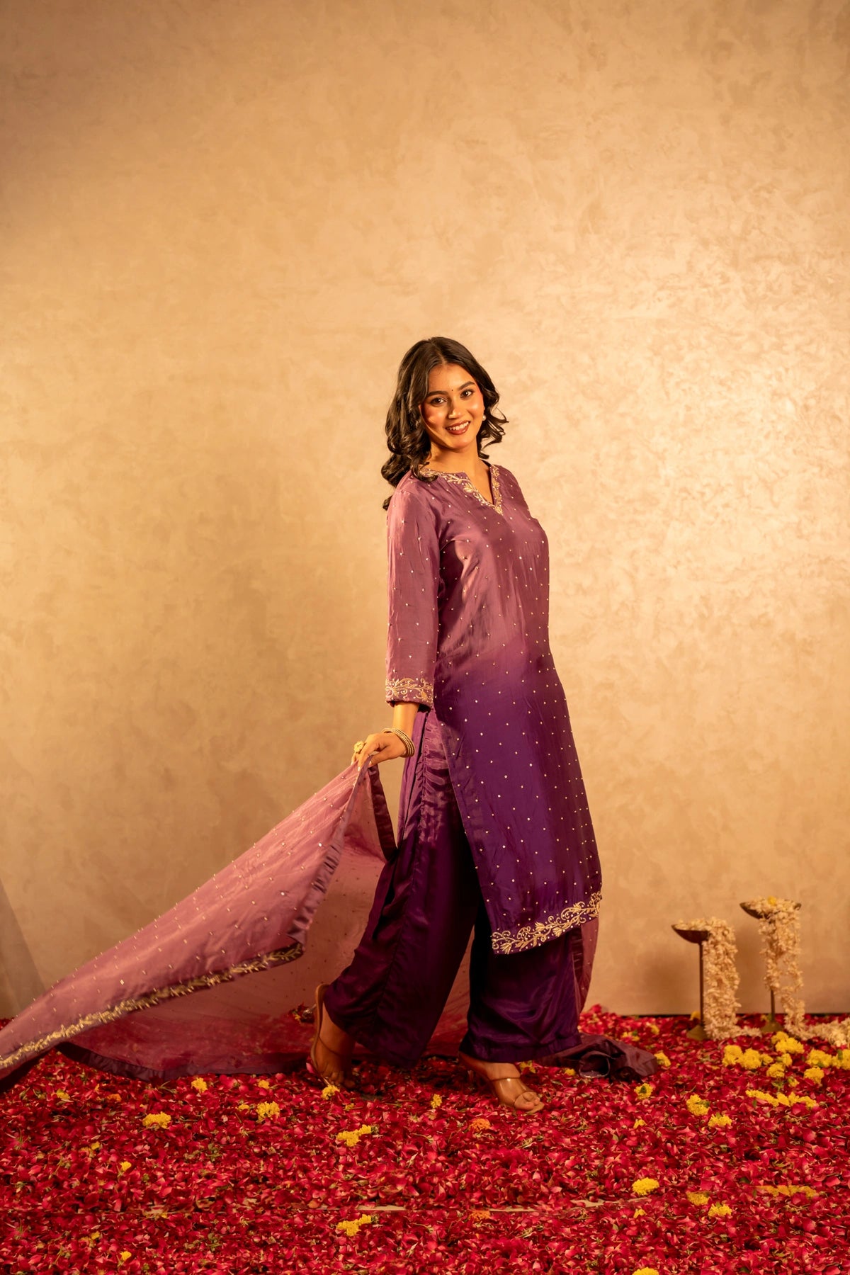 GOTTA BAZAR TWO TONE JAMUNI SILK ZARDOZI HANDWORK STRAIGHT SUIT SET WITH SILK DUPATTA