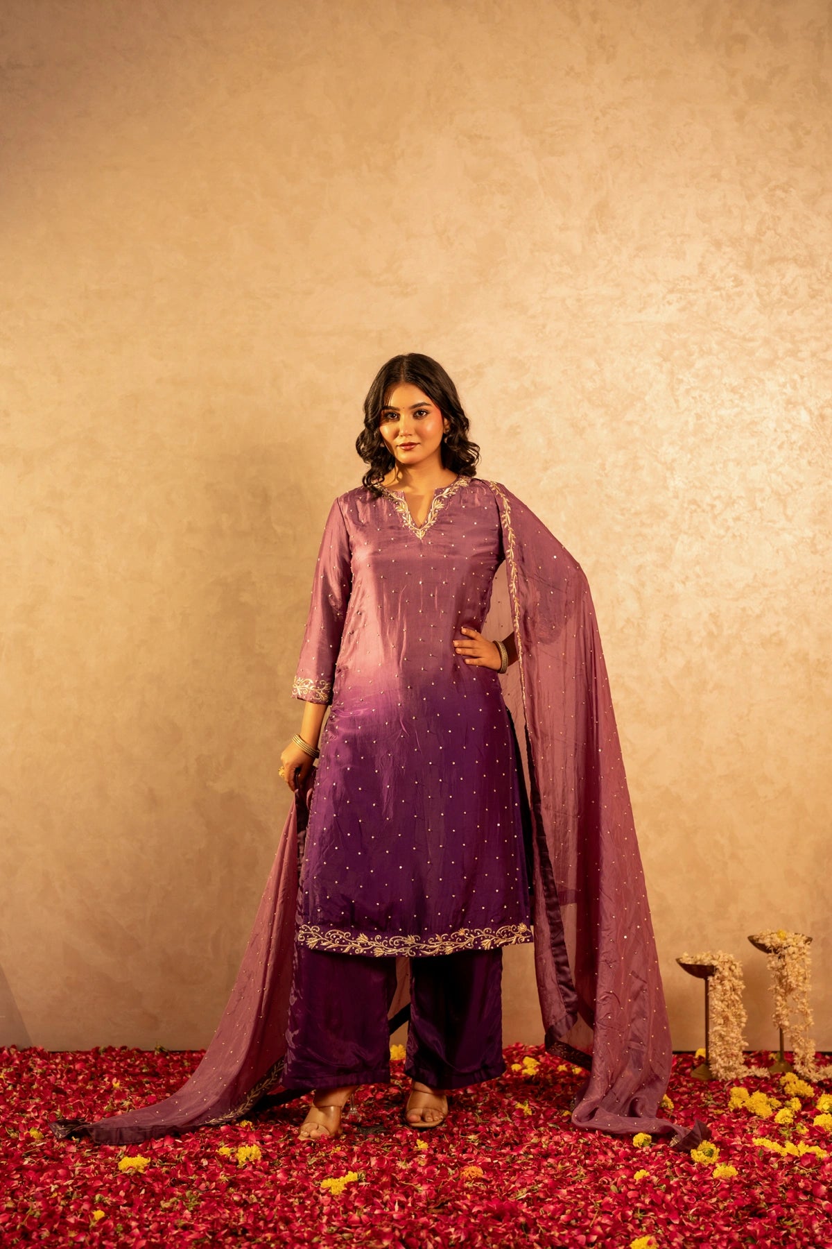 GOTTA BAZAR TWO TONE JAMUNI SILK ZARDOZI HANDWORK STRAIGHT SUIT SET WITH SILK DUPATTA