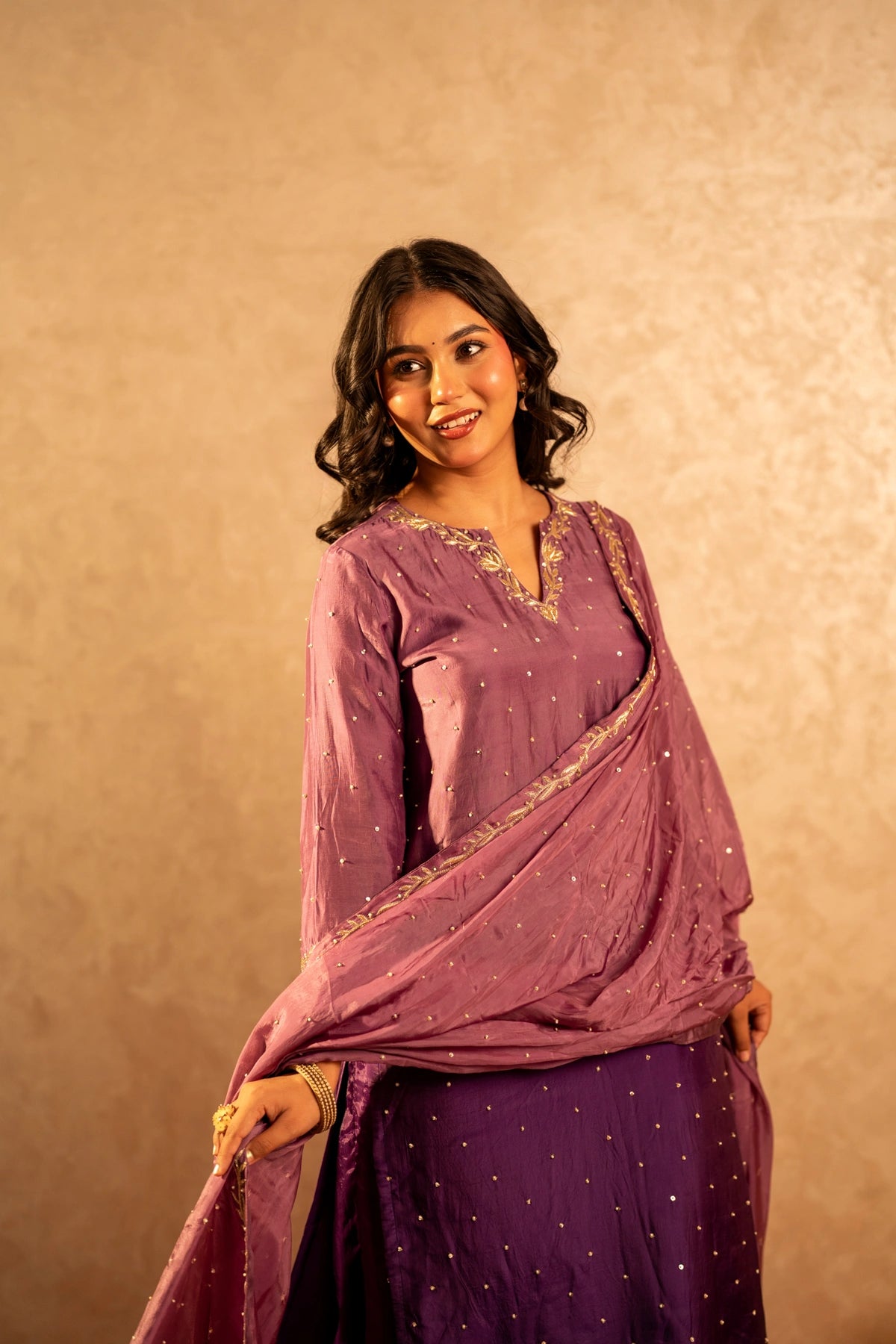 GOTTA BAZAR TWO TONE JAMUNI SILK ZARDOZI HANDWORK STRAIGHT SUIT SET WITH SILK DUPATTA
