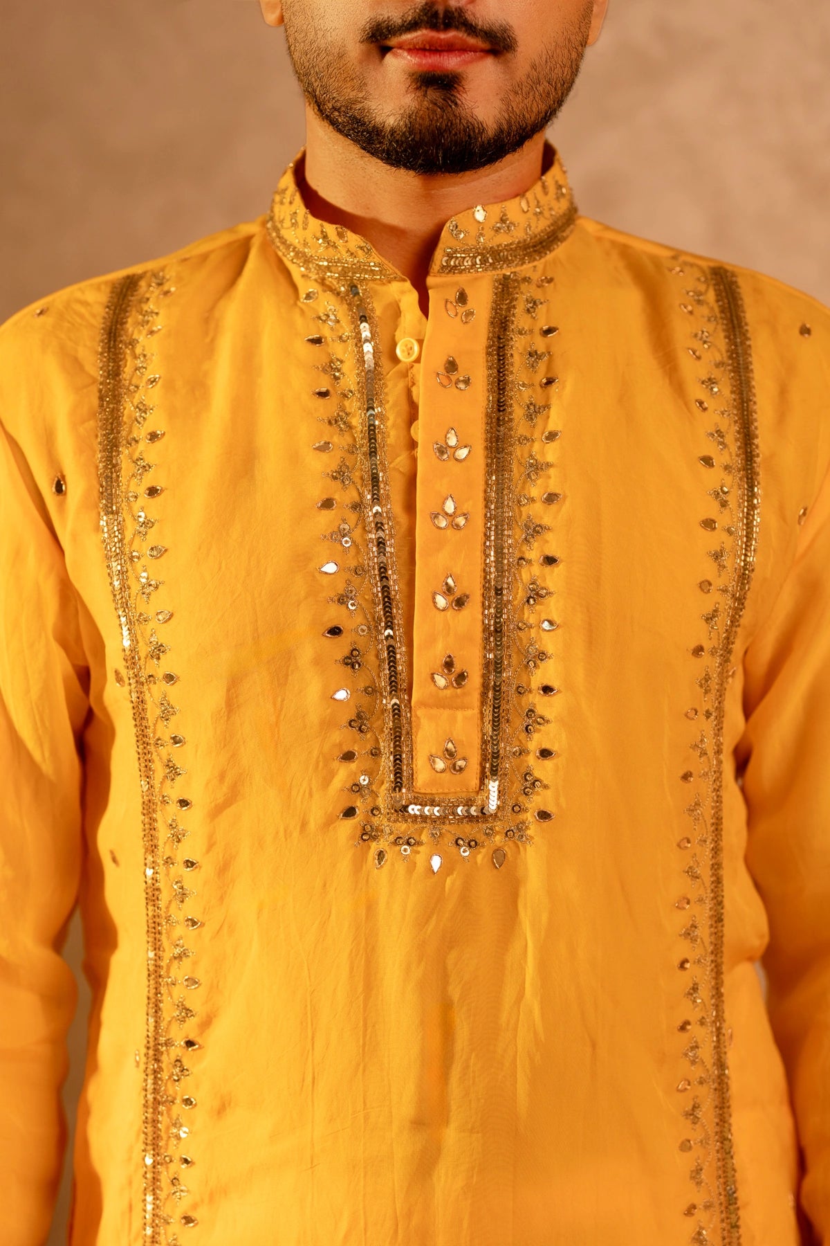 MEN'S LUXE ORGANZA PEELA  HAND EMBROIDERY KURTA SET