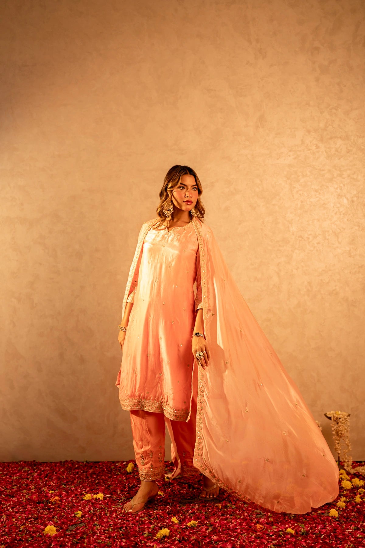 GOTTA BAZAR TWO TONE PEACH SILK ZARDOZI HANDWORK STRAIGHT SUIT WITH SILK DUPATTA