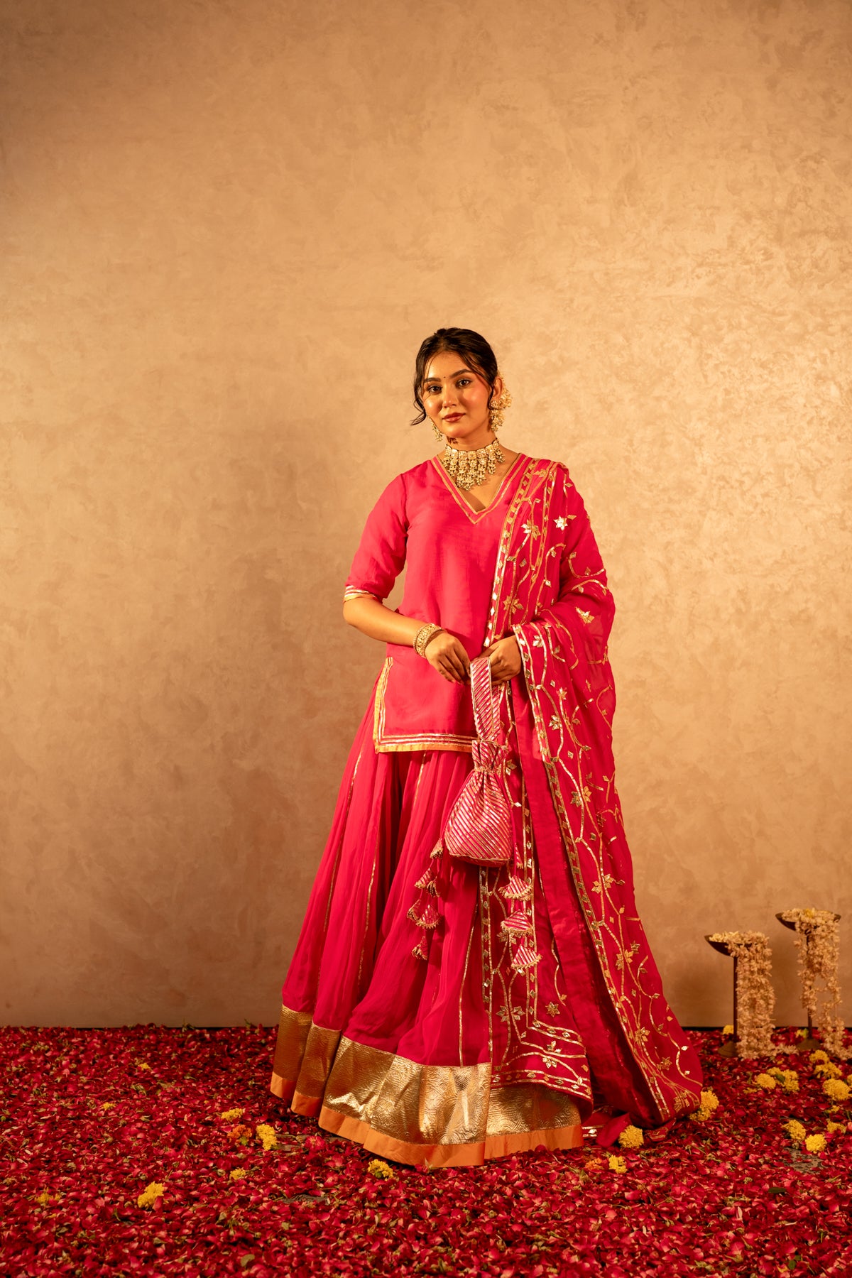 GOTTA BAZAR RANI PINK ORGANZA GOTA PATTI KURTA SKIRT SET WITH ORGANZA JAAL DUPATTA