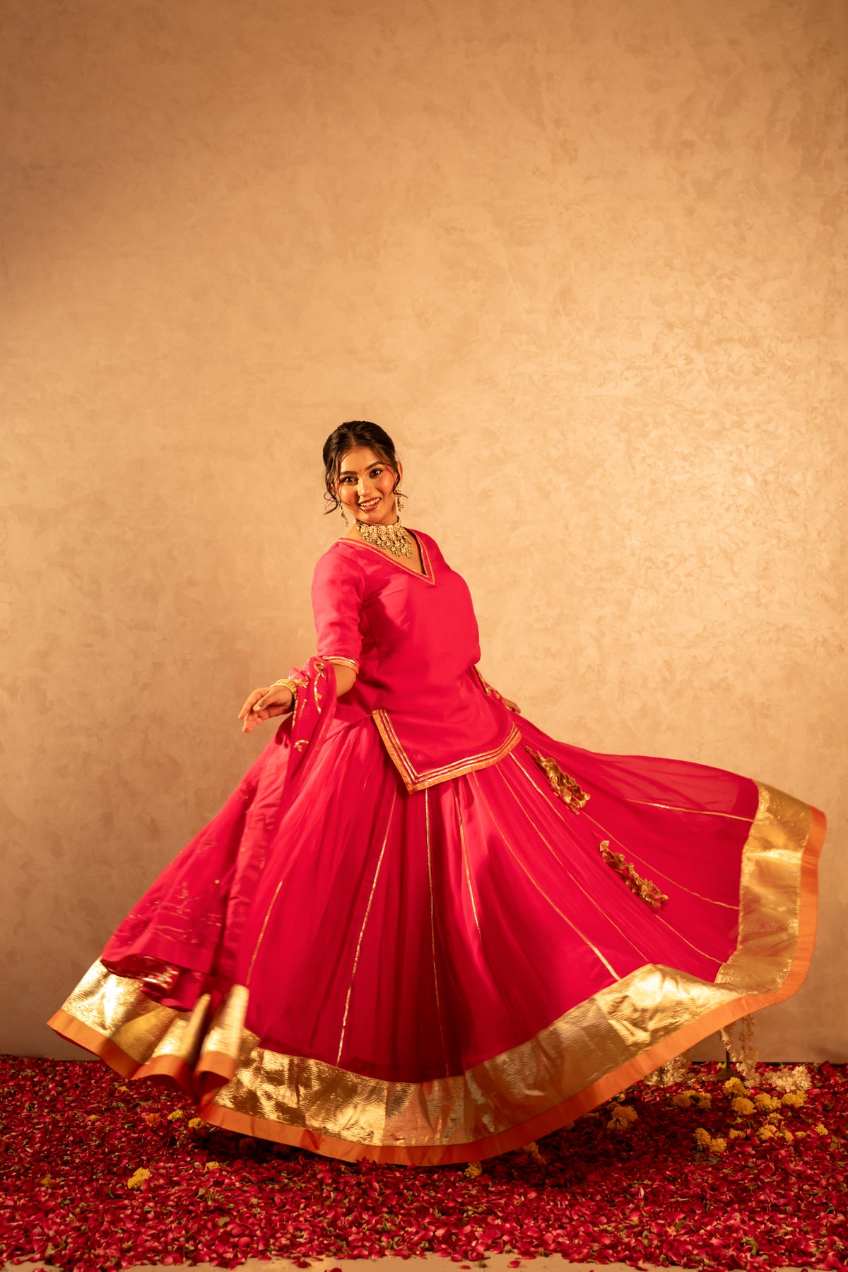 GOTTA BAZAR RANI PINK ORGANZA GOTA PATTI KURTA SKIRT SET WITH ORGANZA JAAL DUPATTA