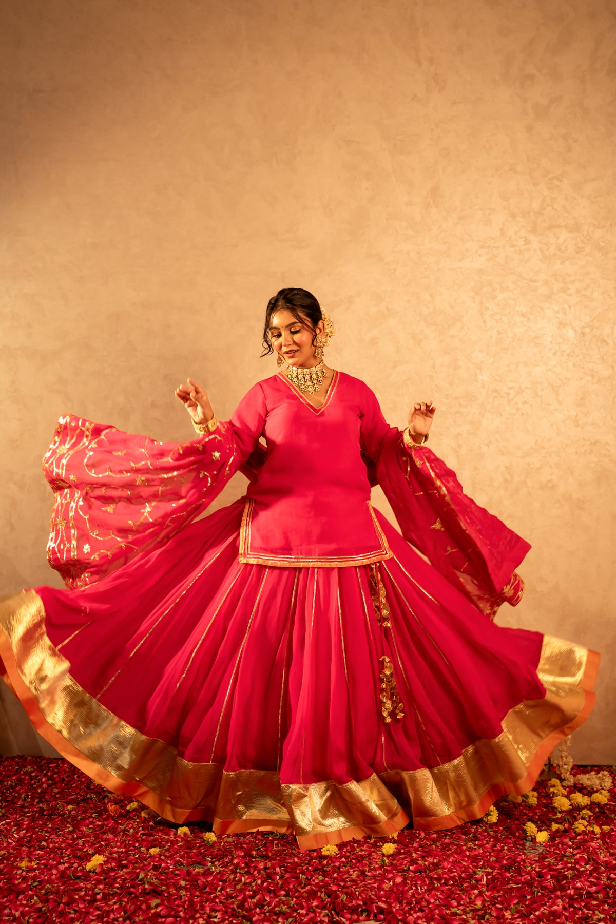 GOTTA BAZAR RANI PINK ORGANZA GOTA PATTI KURTA SKIRT SET WITH ORGANZA JAAL DUPATTA