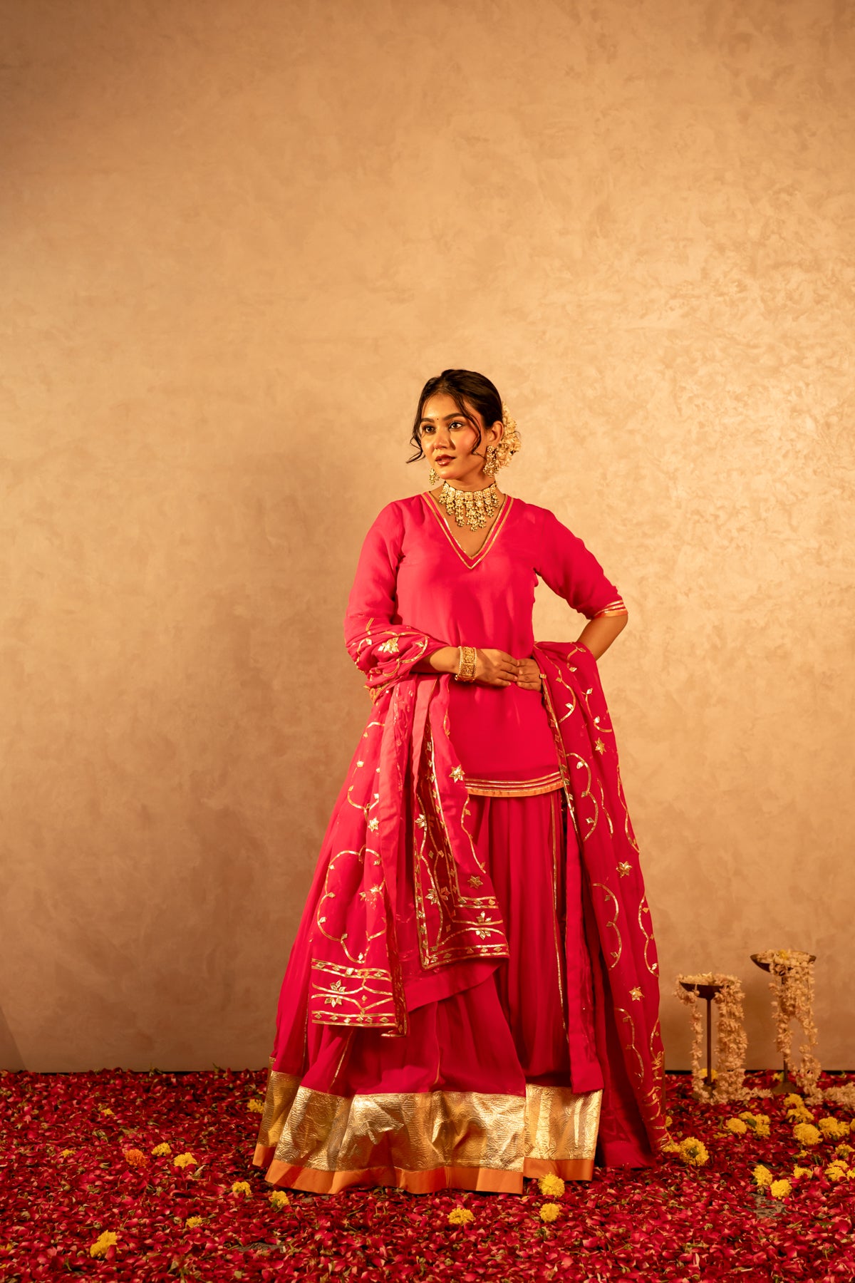 GOTTA BAZAR RANI PINK ORGANZA GOTA PATTI KURTA SKIRT SET WITH ORGANZA JAAL DUPATTA