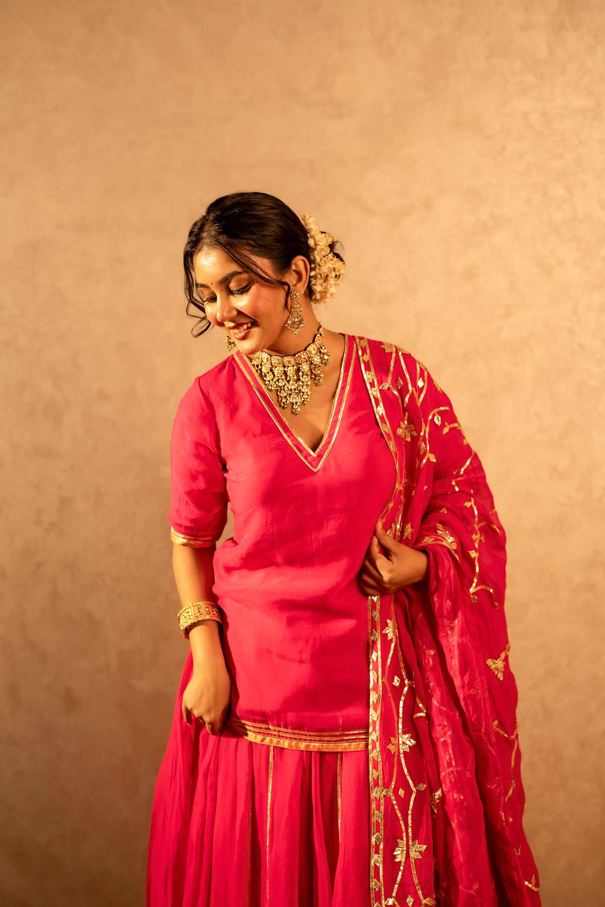 GOTTA BAZAR RANI PINK ORGANZA GOTA PATTI KURTA SKIRT SET WITH ORGANZA JAAL DUPATTA