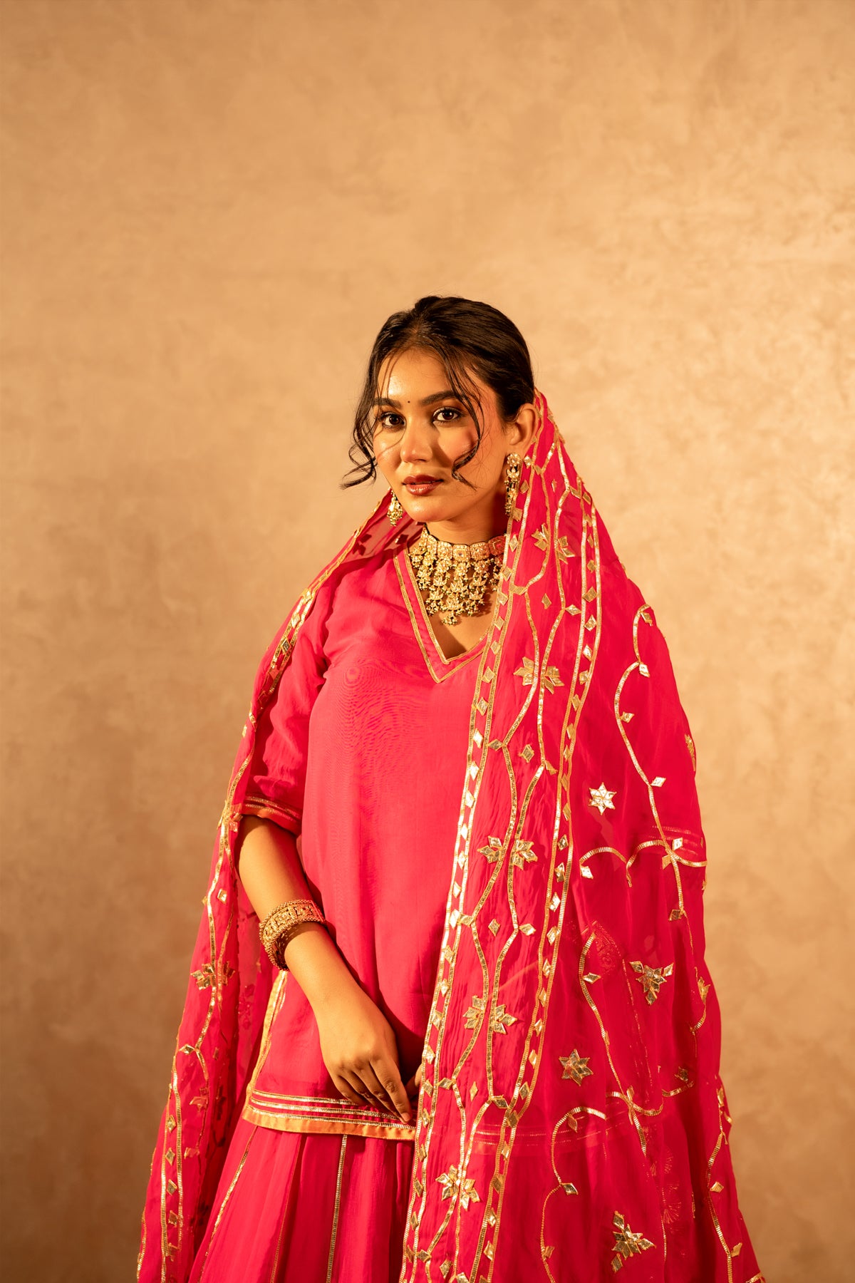 GOTTA BAZAR RANI PINK ORGANZA GOTA PATTI KURTA SKIRT SET WITH ORGANZA JAAL DUPATTA