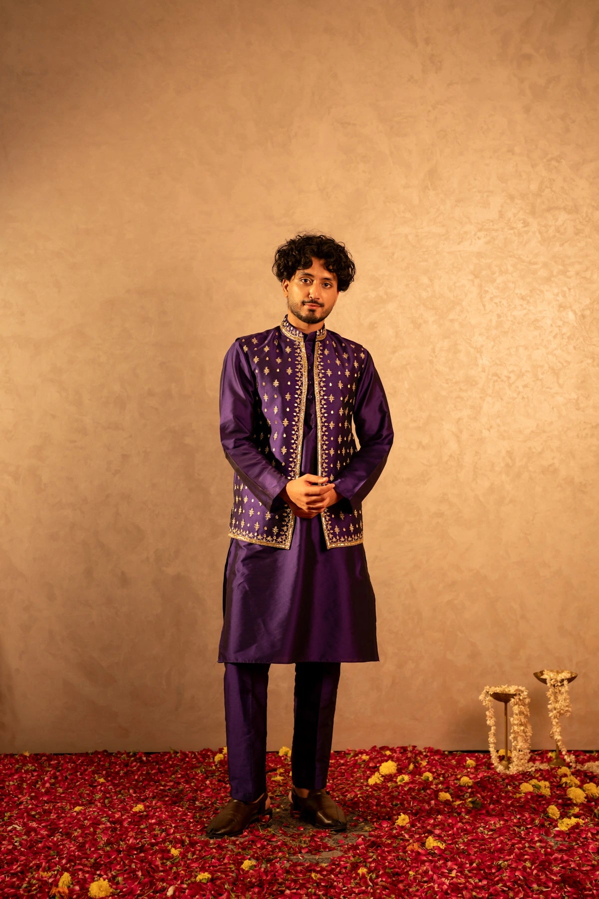 MEN'S LUXE PURPLE TAFFETA SHEESH HAND WORK NEHRU JACKET WITH KURTA SET