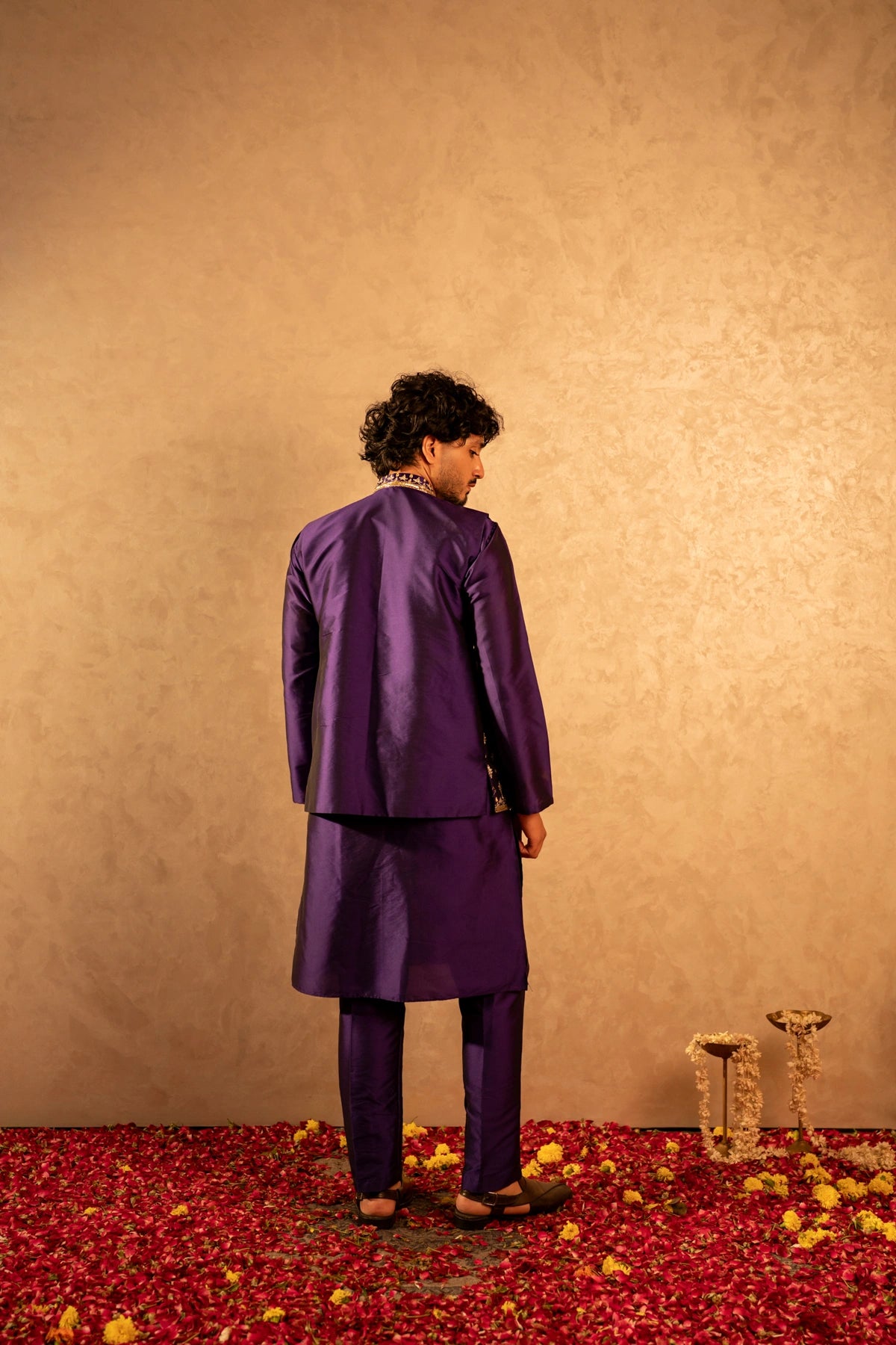 MEN'S LUXE PURPLE TAFFETA SHEESH HAND WORK NEHRU JACKET WITH KURTA SET