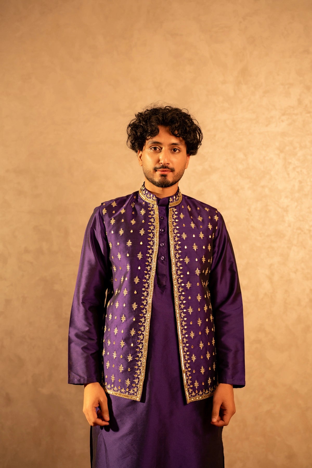 MEN'S LUXE PURPLE TAFFETA SHEESH HAND WORK NEHRU JACKET WITH KURTA SET