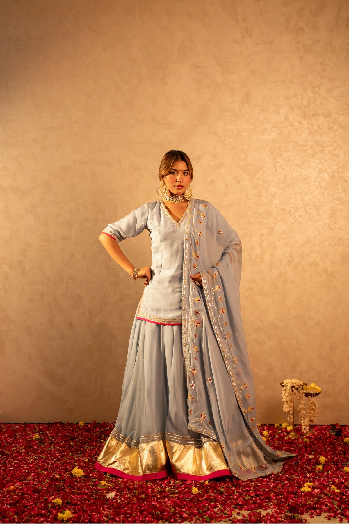 GOTTA BAZAR POWDER BLUE GOTA PATTI KURTA SET WITH KURTA SET WITH JAAL DUPATTA