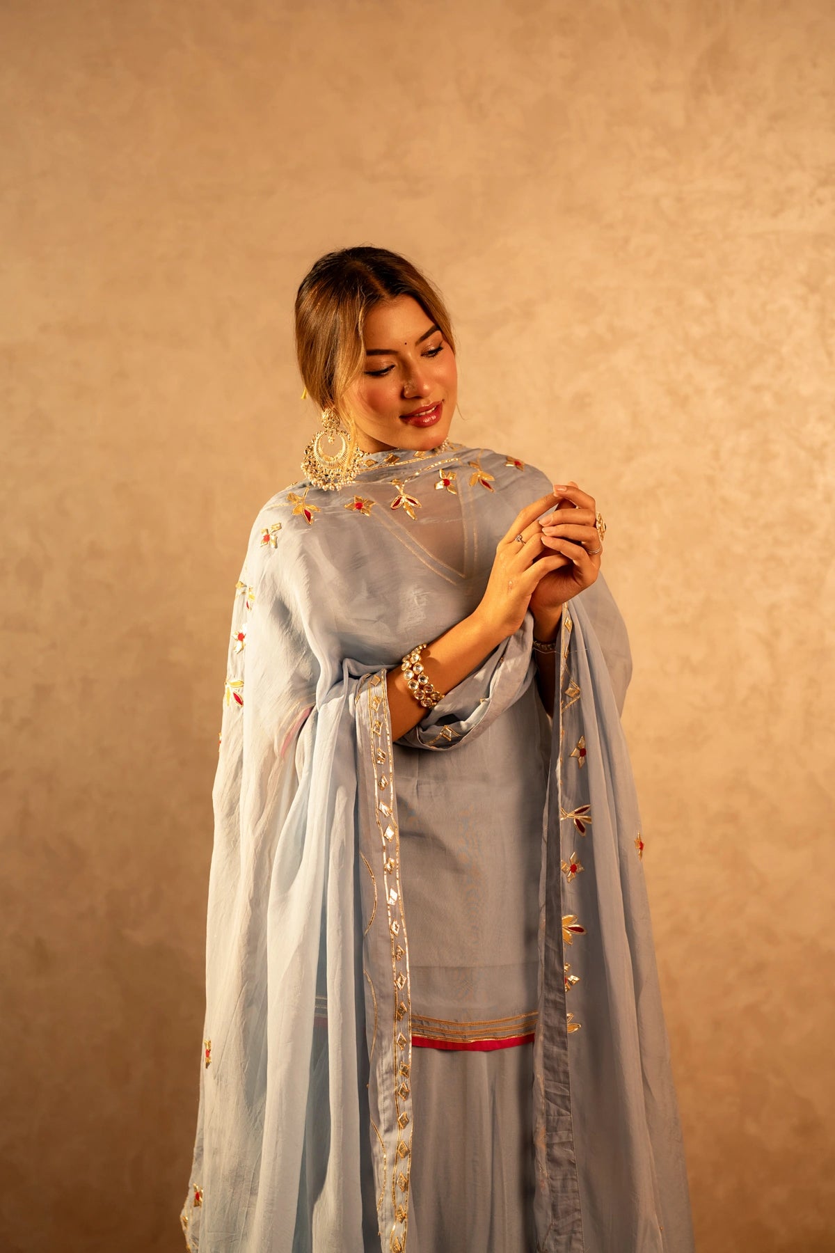 GOTTA BAZAR POWDER BLUE GOTA PATTI KURTA SET WITH KURTA SET WITH JAAL DUPATTA