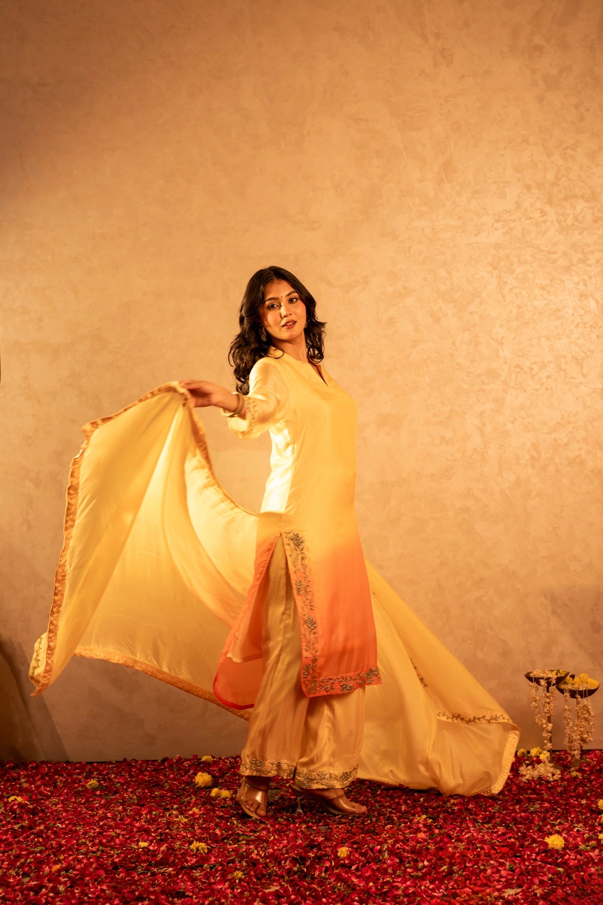 GOTTA BAZAR TWO TONE BASANT SILK TUBE BEAD WORK STRAIGHT SUIT SET