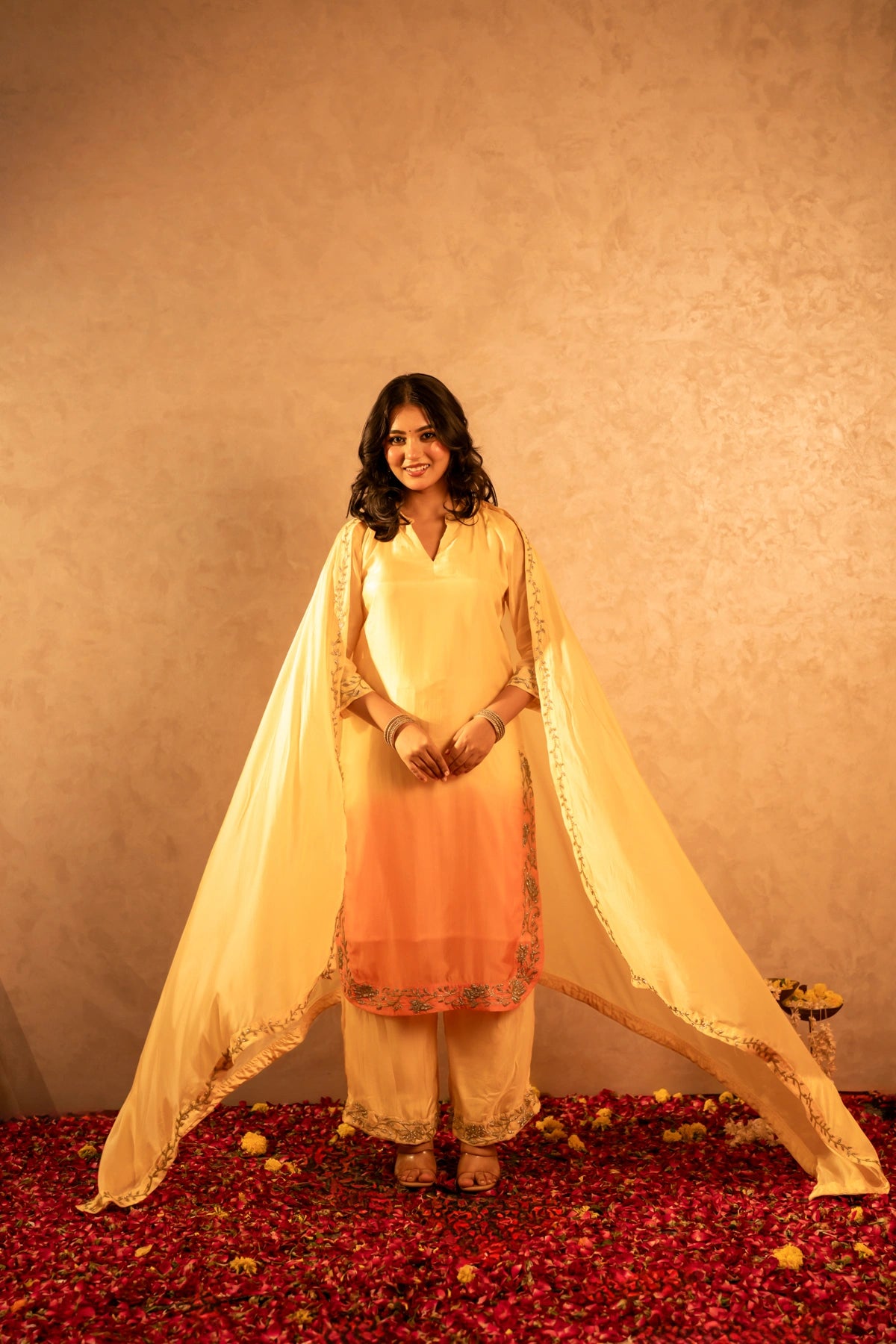 GOTTA BAZAR TWO TONE BASANT SILK TUBE BEAD WORK STRAIGHT SUIT SET
