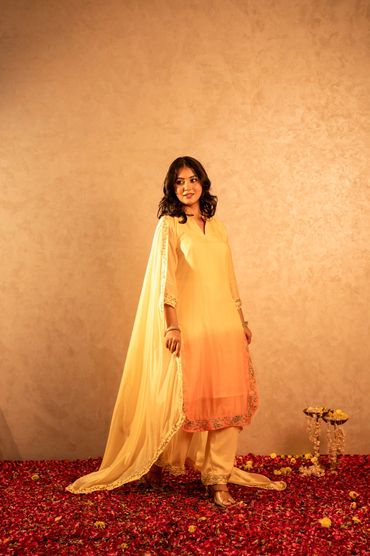 GOTTA BAZAR TWO TONE BASANT SILK TUBE BEAD WORK STRAIGHT SUIT SET