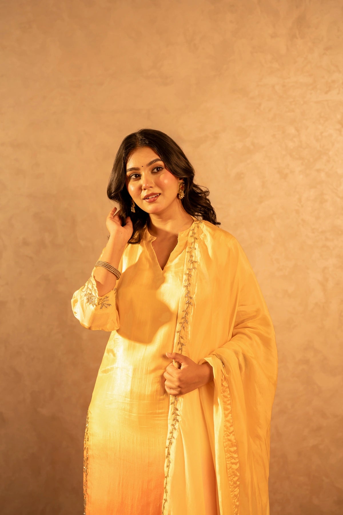 GOTTA BAZAR TWO TONE BASANT SILK TUBE BEAD WORK STRAIGHT SUIT SET