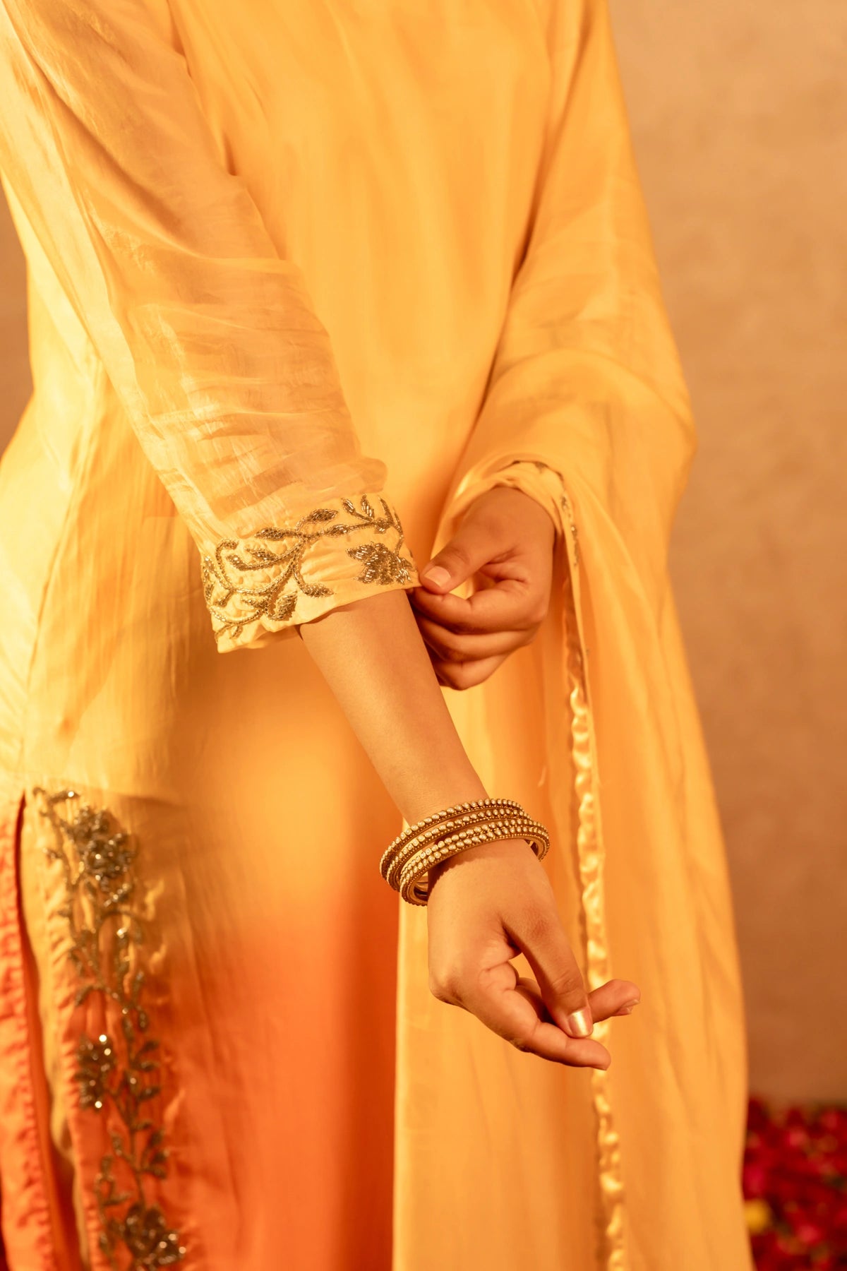 GOTTA BAZAR TWO TONE BASANT SILK TUBE BEAD WORK STRAIGHT SUIT SET