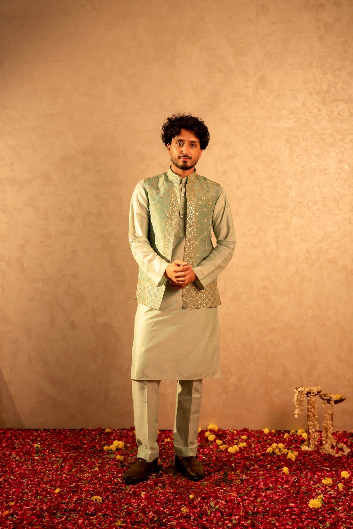 MEN'S LUXE PISTA SILK KURTA SET WITH ZARDOZI HAND WORK NEHRU JACKET