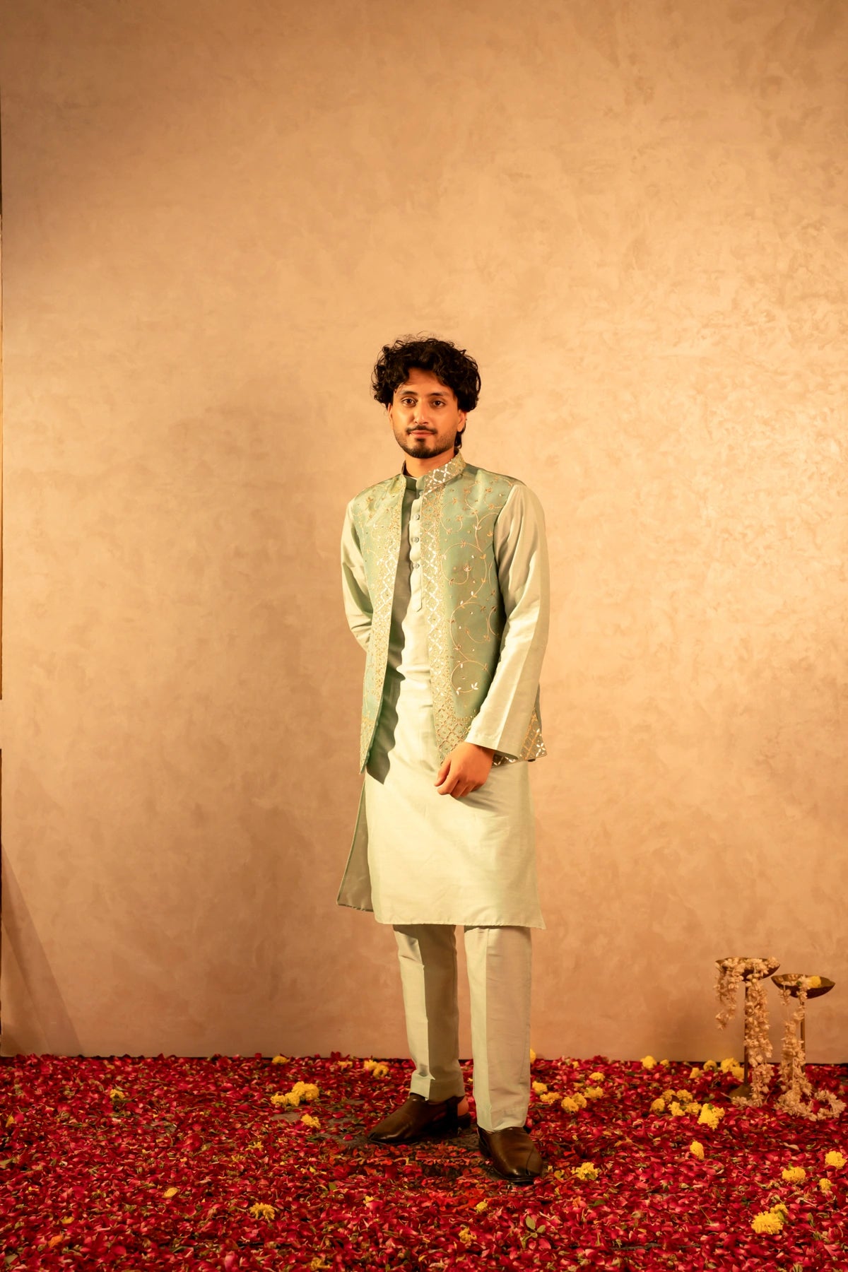 MEN'S LUXE PISTA SILK KURTA SET WITH ZARDOZI HAND WORK NEHRU JACKET