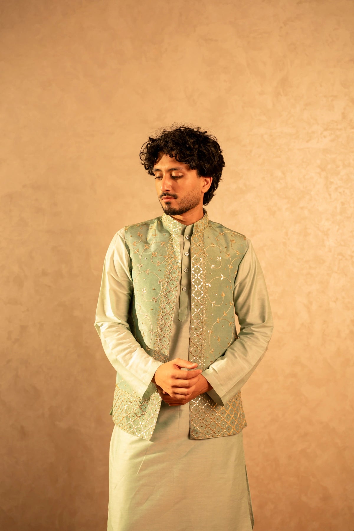 MEN'S LUXE PISTA SILK KURTA SET WITH ZARDOZI HAND WORK NEHRU JACKET