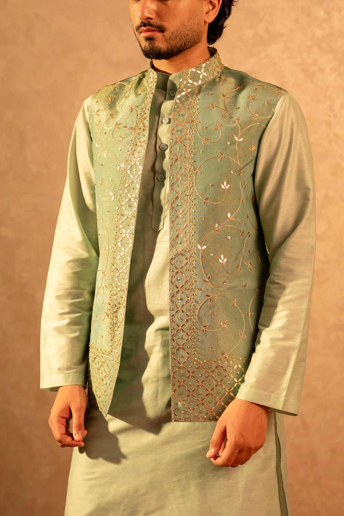 MEN'S LUXE PISTA SILK KURTA SET WITH ZARDOZI HAND WORK NEHRU JACKET