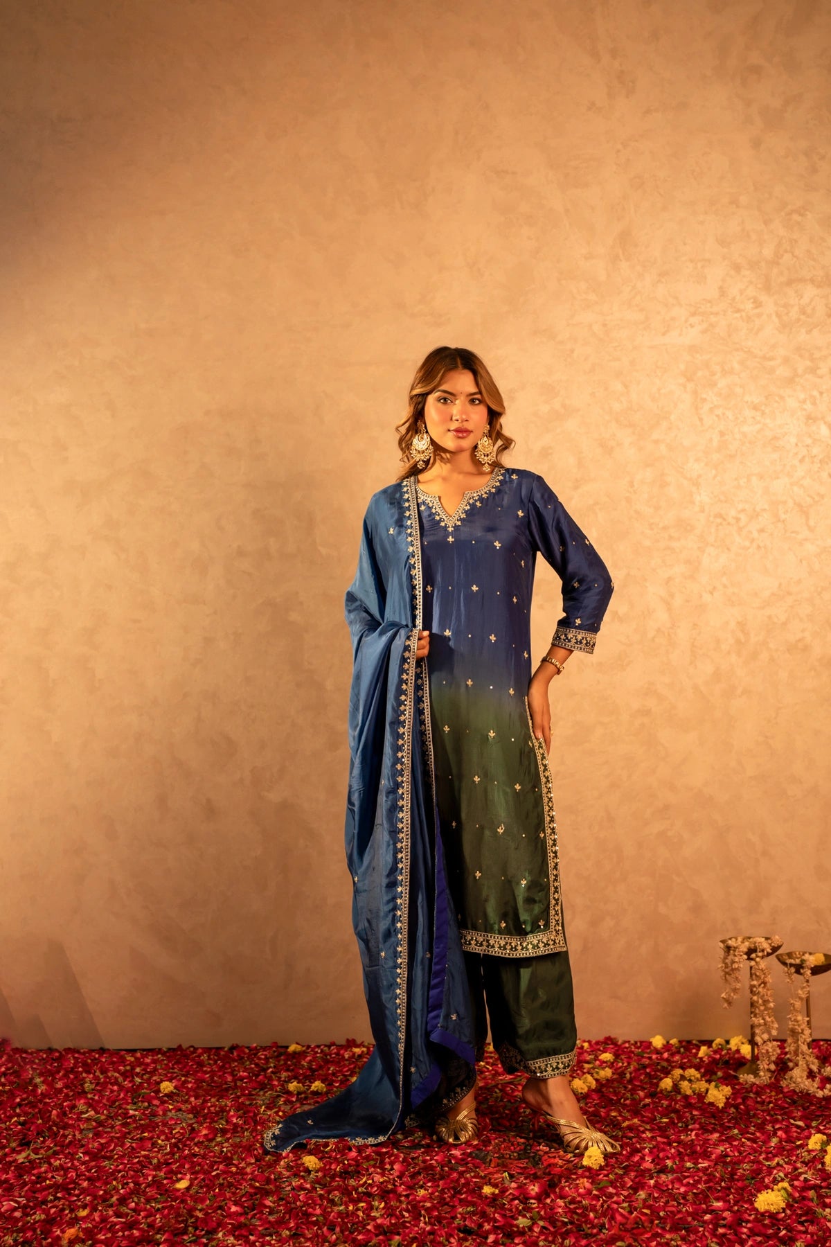 GOTTA BAZAR TWO TONE NEEL SILK AARI TAARI HAND WORK STRAIGHT SUIT SET