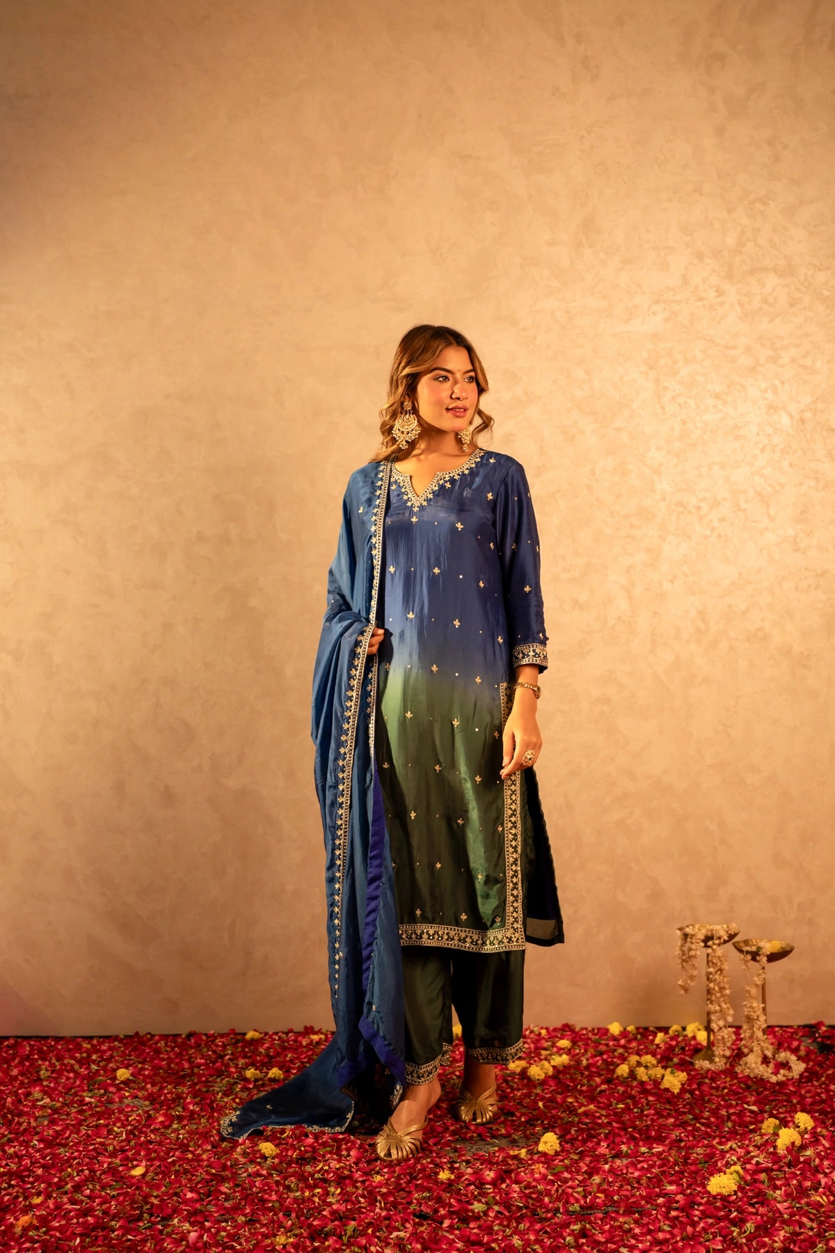 GOTTA BAZAR TWO TONE NEEL SILK AARI TAARI HAND WORK STRAIGHT SUIT SET