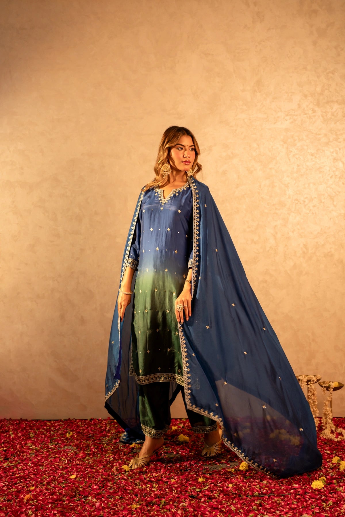 GOTTA BAZAR TWO TONE NEEL SILK AARI TAARI HAND WORK STRAIGHT SUIT SET